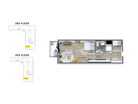 Floor plan for studio, 1 bath, 590 sqft